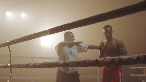 Black boxer knocks out his opponent Stock Footage 283294127