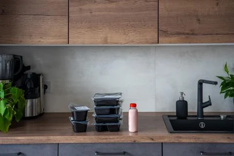 Black boxes with healthy diet plan for weight loss, delivery of daily ready.. Stock Photos