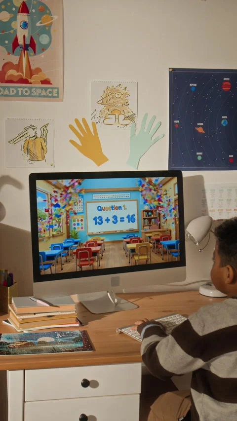 Black Boy Practicing Simple Math Sums on Online Computer App Stock Footage 334972819