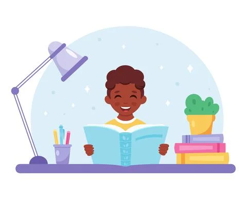 Black boy reading book. Boy studying with a book. Vector illustration 스톡 일러스트