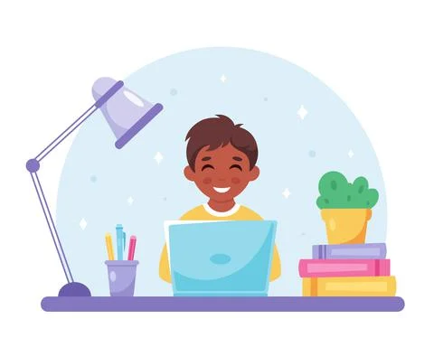 Black boy studying with computer. Online learning, back to school concept. Stock Illustration
