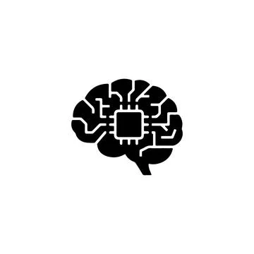Black brain icon with computer chip lines for artificial intelligence 库存插图