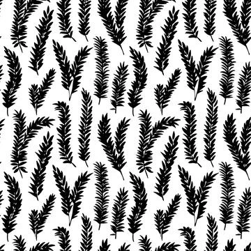 Black branches with small leaves seamless pattern. Stock Illustration