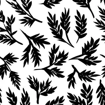 Black branches with small leaves seamless pattern. Stock Illustration