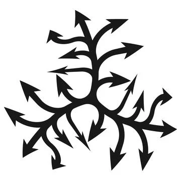 Black branching arrows network structure showing complex directional flow pat Stock Illustration