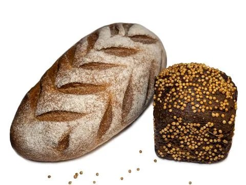 Black bread and borodino bread sprinkled with coriander.  Flour products. Stock Photos