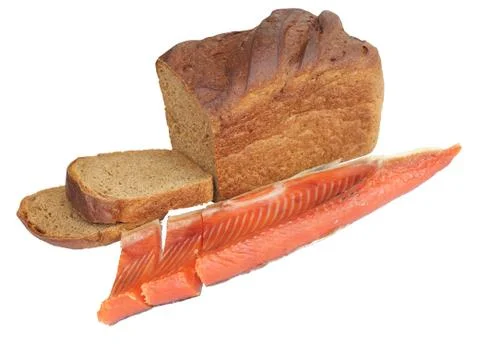 Black bread and red fish isolated on white background Stock Photos