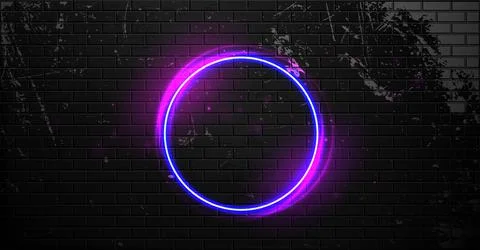 Black brick wall with neon ring frame. Night club electric sign. Neon lamp Illustrazione stock