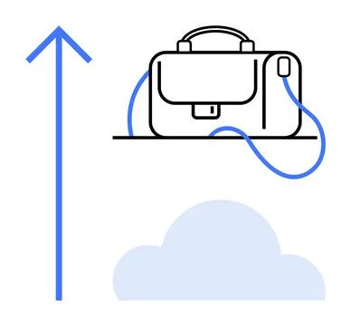 Black briefcase with strap above light blue cloud, intersected by large upwar Stock Illustration