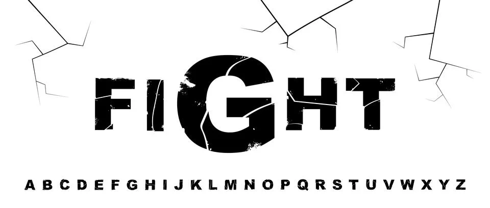 Black broken font made with broken stylized letters. Decorative alphabet bold Stock Illustration