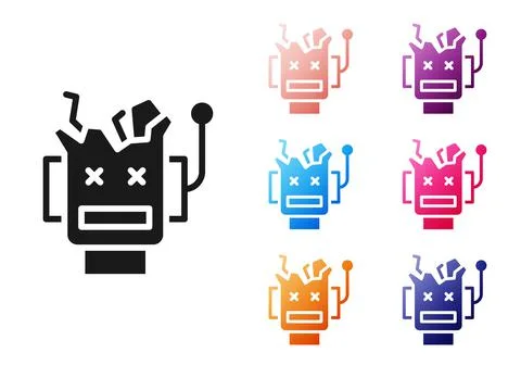 Black Broken robot icon isolated on white background. Artificial intelligence Illustrazione stock