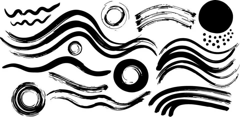 Black Brush Stroke Elements: Waves, Circles, Dots and Lines - Abstract Art Stock Illustration