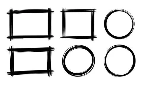 Black brush stroke frames and circles on white background Illustrazione stock