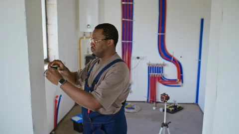 Black Builder Measuring Wall with Tape Measure for Renovation Stock Footage 340615634