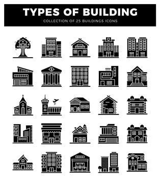 Black building icons. flat design. white background. Ilustración de archivo
