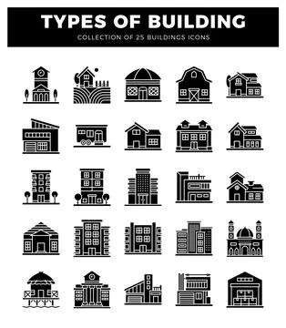 Black building icons set on a white background. architectural types. reside.. Ilustración de archivo