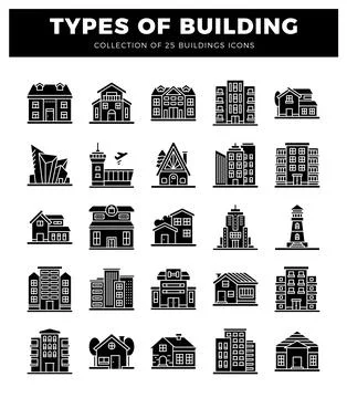 Black building icons on a white background. showcasing diverse architectura.. Ilustración de archivo