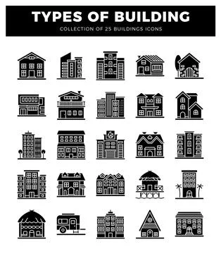 Black building icons on a white background Ilustración de archivo