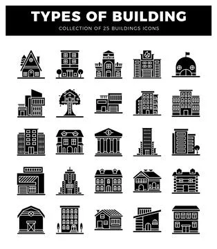 Black building icons on white background Ilustración de archivo