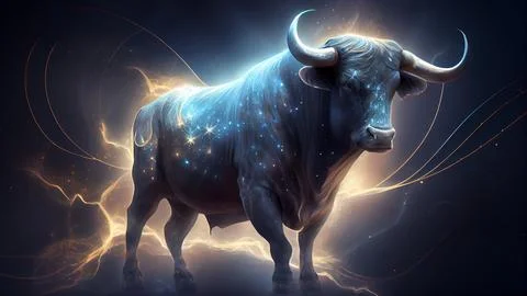 Black bull with lightning effect on dark background. 3D illustration. Stock Illustration