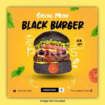Black burger social media template post PSD Template