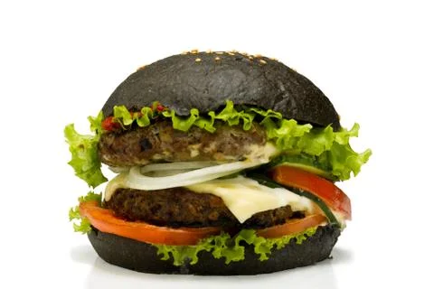 Black burger on white background Stock Photos