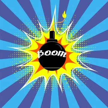 Black Burning Bomb Icon. Explode Flash, Cartoon Explosion with Boom Text Illustrazione stock