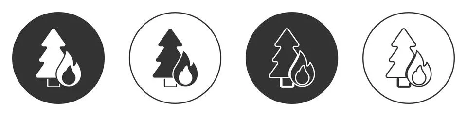 Black Burning forest trees in fire flames icon isolated on white background Illustrazione stock
