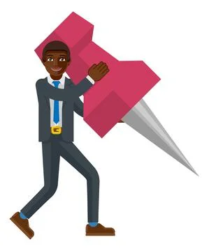 Black Business Man Holding Thumb Tack Pin Mascot Stock Illustration