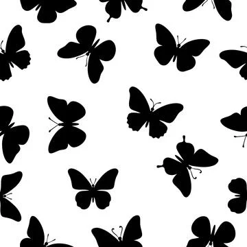 Black butterfly silhouette seamless pattern on a white background. Vector Stock Illustration
