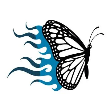 Black butterfly with white spots flying with blue flames Stock Illustration