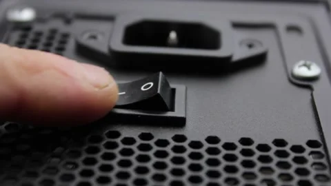 Black button to turn on off on the computer. Start button. Stock Footage 172048115