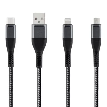 Black cable for charging and synchronization with Type - C, USB, Micro USB,.. Stock Photos