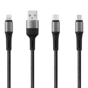 Black cable for charging and synchronization with Type - C, USB, Micro USB,.. Stock Photos
