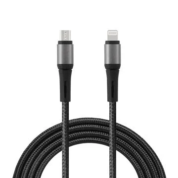 Black cable for charging and synchronization with Lightning and Micro USB con Stock Photos