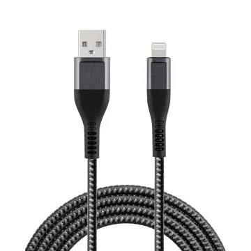 Black cable for charging and synchronization with USB and Lightning connector Stock Photos