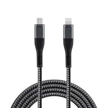 Black cable for charging and synchronization with Lightning and Micro USB con Stock Photos