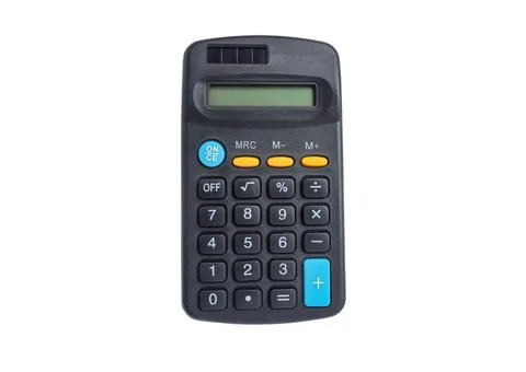 A black calculator isolated on white background with clipping path. Stock Photos
