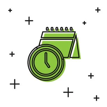 Black Calendar and clock icon isolated on white background. Schedule Stock Illustration