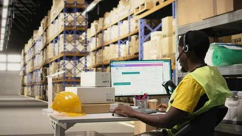 Black call center operator assisting a client with order mix up problems Foto stock