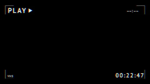 Black camcorder play screen visual VHS text, chromatic glitch edges, timer digit Stock Footage 340555681