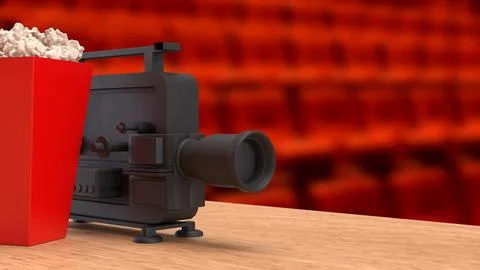 The Black camera and pop corn for cinema or entertainment concept 3d Renderin Stock Illustration