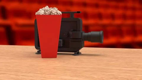 The Black camera and pop corn for cinema or entertainment concept 3d Renderin Stock Illustration