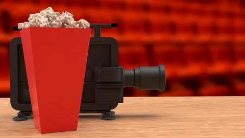 The Black camera and pop corn for cinema or entertainment concept 3d Renderin Stock Illustration