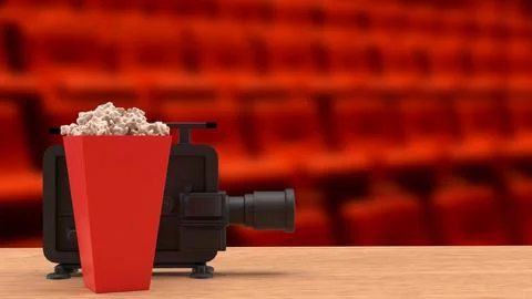 The Black camera and pop corn for cinema or entertainment concept 3d Renderin Stock Photos