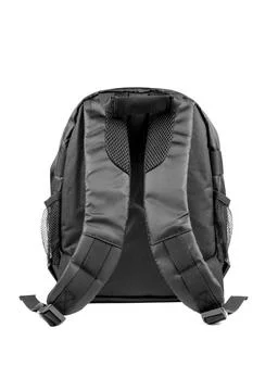 Black camera backpack isolated on white background, back view Stock Photos
