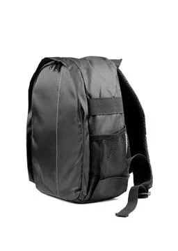 Black camera backpack isolated on white background, side view Stock Photos