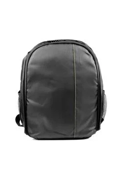 Black camera backpack isolated on white background, front view Stock Photos