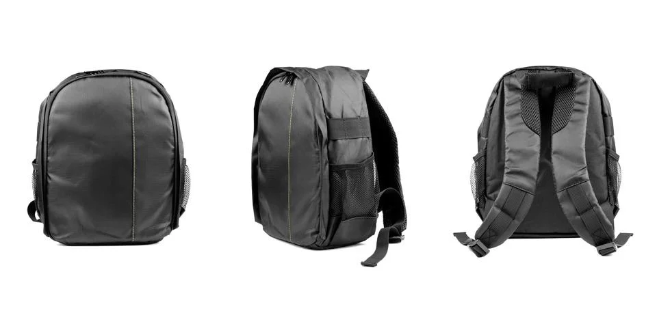 Black camera backpack isolated on white background, back view, front view Stock Photos