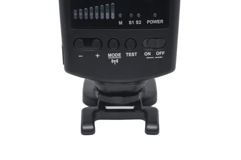 Black camera flash speedlight control panel mounted on a small stand Stock Photos